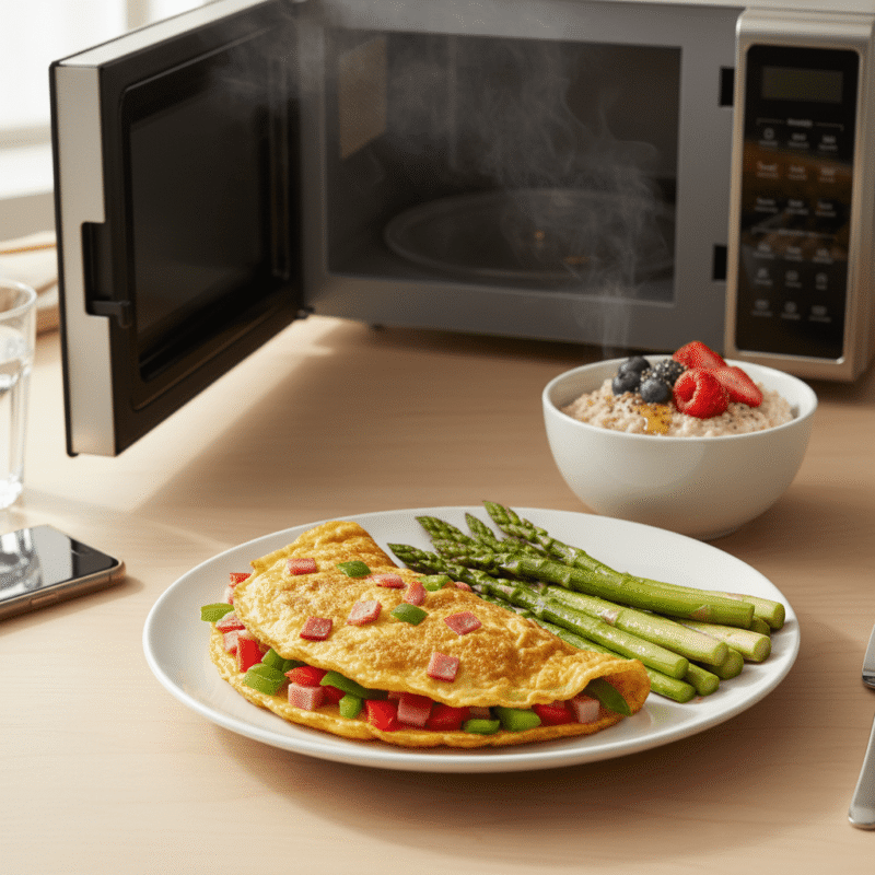 A delicious and healthy microwave-cooked breakfast of an omelette and oatmeal, perfect for busy professionals and parents.