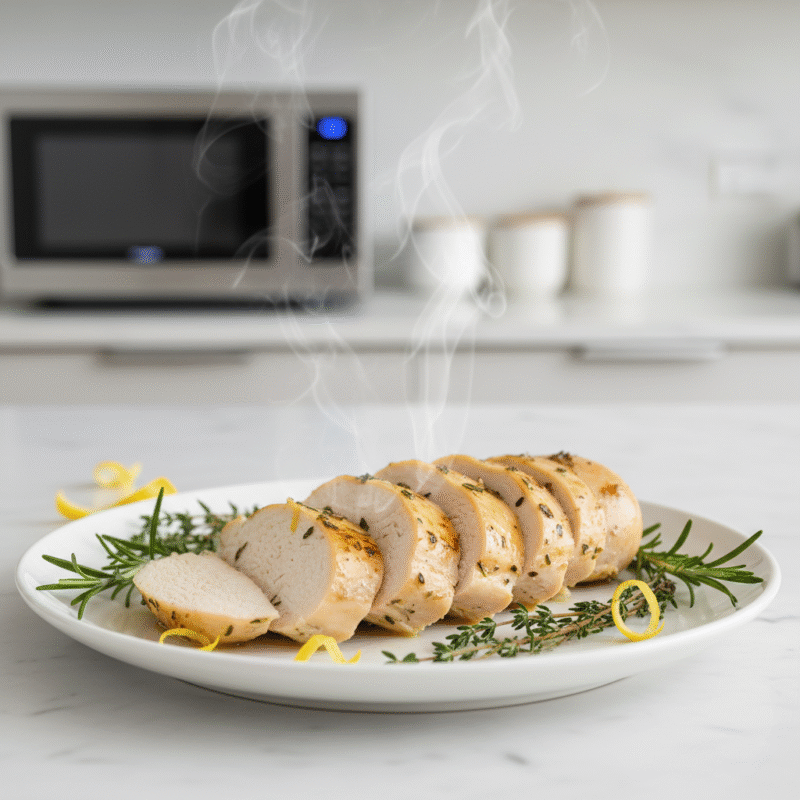 Perfectly cooked lemon herb chicken breast made in microwave showing juicy interior.