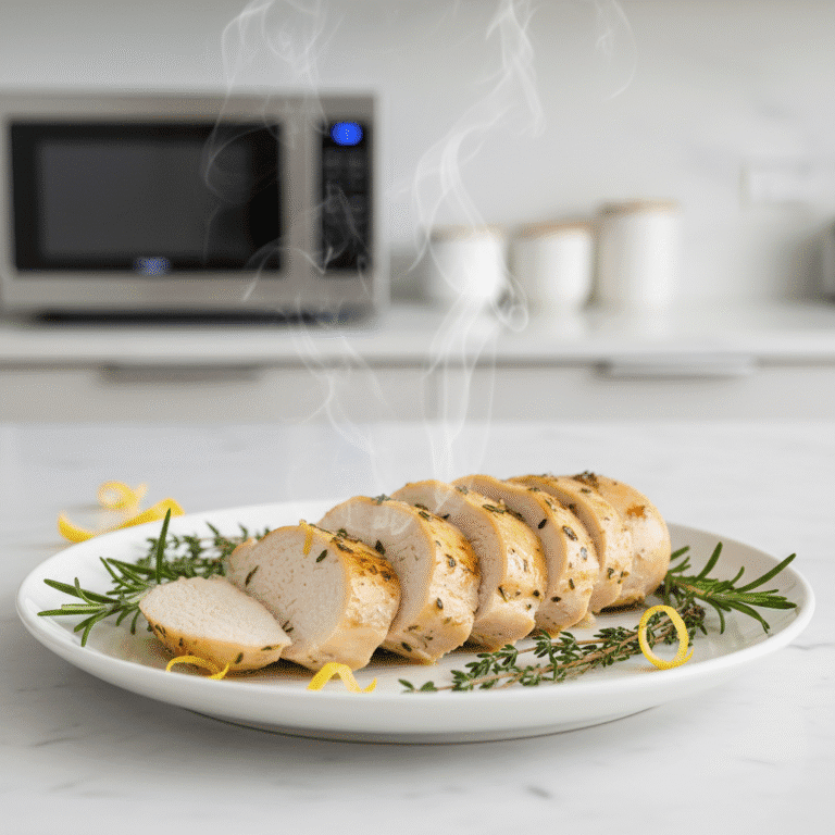 Perfectly cooked lemon herb chicken breast made in microwave showing juicy interior.