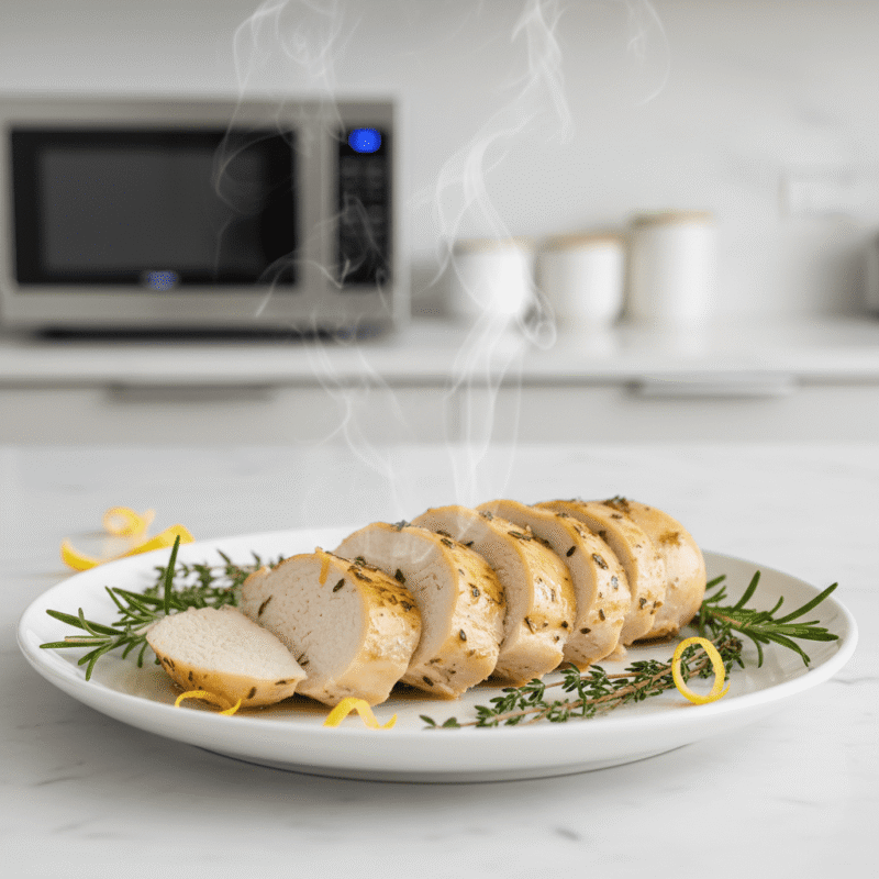 Perfectly cooked lemon herb chicken breast made in microwave showing juicy interior.