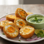 Crispy microwave egg pakoras made without oil, served with mint chutney.