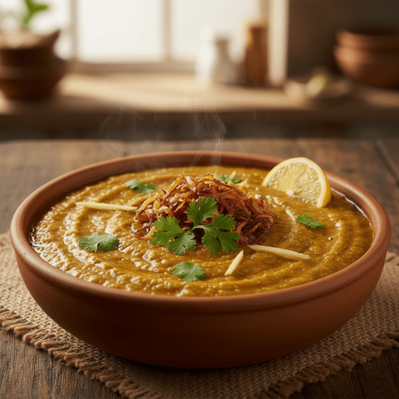 Homestyle microwave haleem garnished with fried onions, coriander, and ginger.
