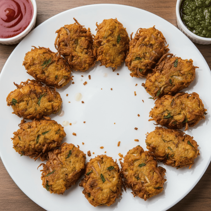 Golden and crispy microwave-made onion fritters (piyaju) served with tomato ketchup and chutney.