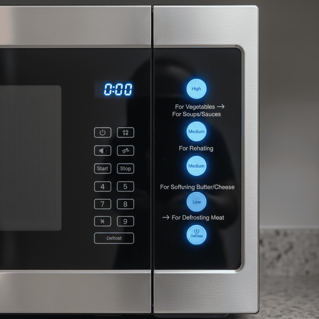 A clear guide to microwave power levels and settings for different foods.