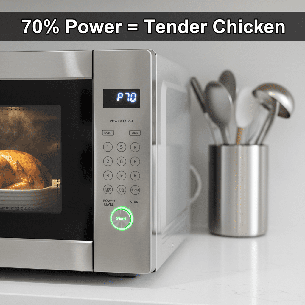 Microwave set to 70% power for tender chicken cooking results.