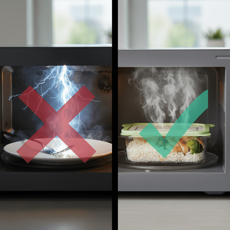  Microwave safety - never use metal vs. always use microwave-safe containers with vents.