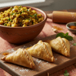 Savory potato and pea samosa filling and prepared samosas, an easy microwave recipe.