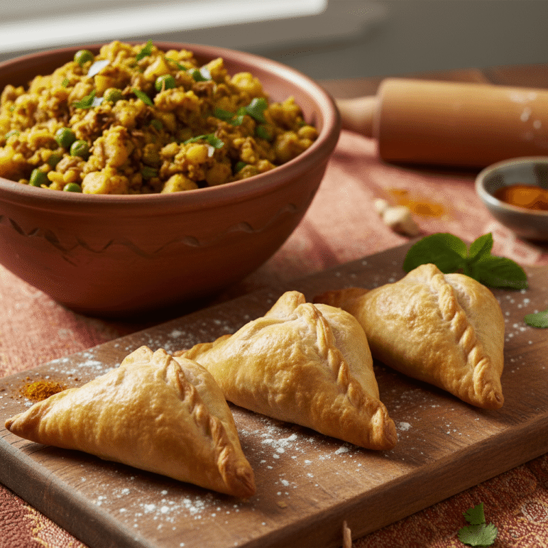 Savory potato and pea samosa filling and prepared samosas, an easy microwave recipe.
