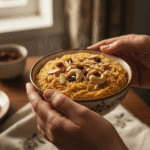 Sweet vermicelli pudding (semiya) made in the microwave, garnished with nuts and raisins.