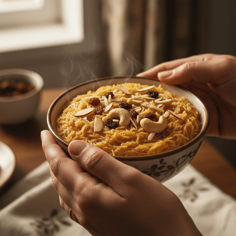 Sweet vermicelli pudding (semiya) made in the microwave, garnished with nuts and raisins.