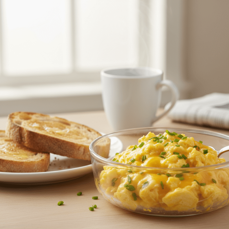  Fluffy scrambled eggs made quickly in microwave for hostel breakfast