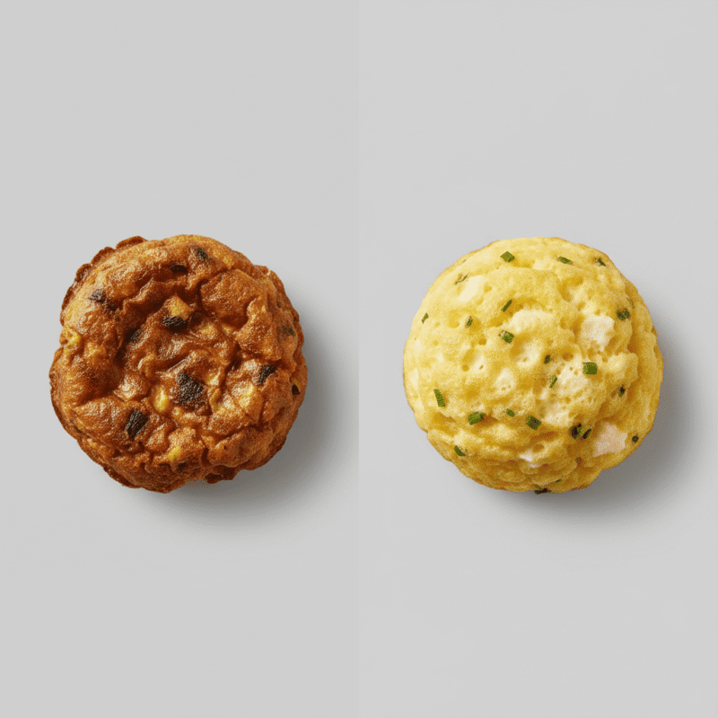 Comparison of perfect fluffy egg bites versus rubbery overcooked egg bites, showing the importance of microwave power level.