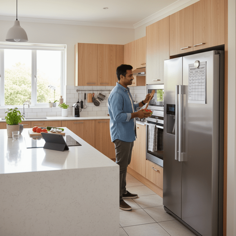 Printable microwave cooking time chart posted on a refrigerator for easy reference.
