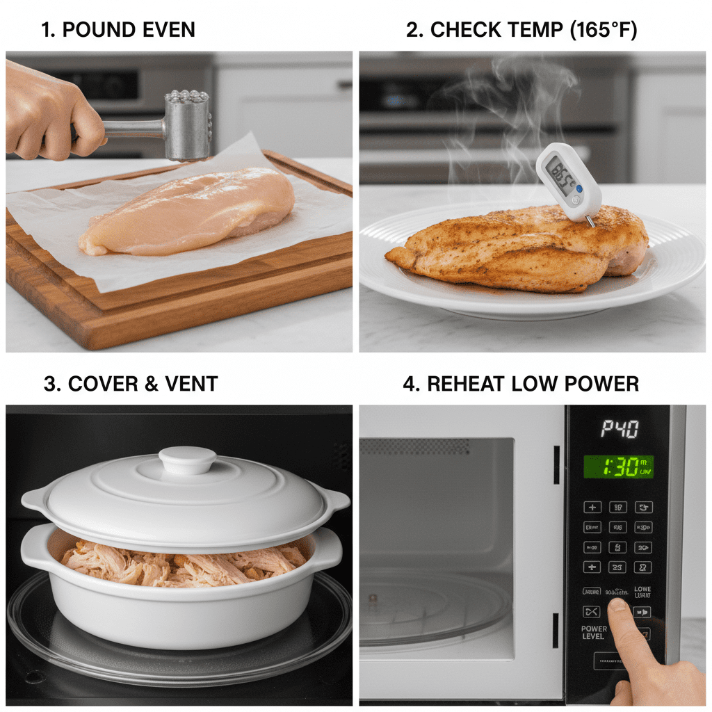 Proper microwave chicken cooking techniques including even thickness and temperature checking