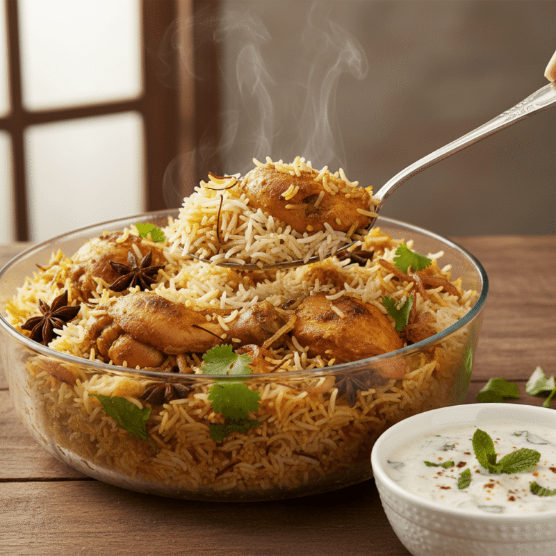 Fragrant microwave chicken biryani made with pre-cooked rice, served with raita.