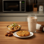 An easy microwave iftar platter for Ramadan, featuring onion fritters, chickpea chaat, dates, and a shake.