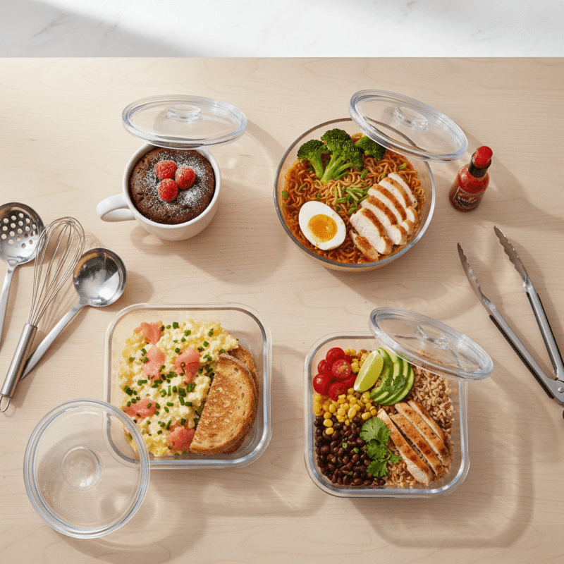  Four different easy microwave meals for hostel students including mug cake and instant noodles.