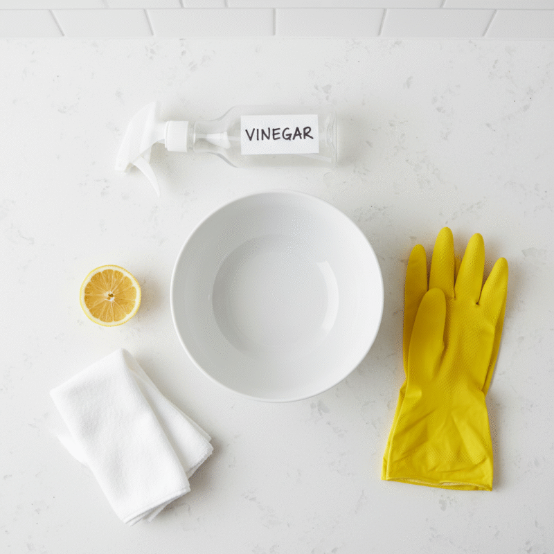 Simple cleaning supplies for a microwave: bowl, lemon, cloth, vinegar, and gloves.