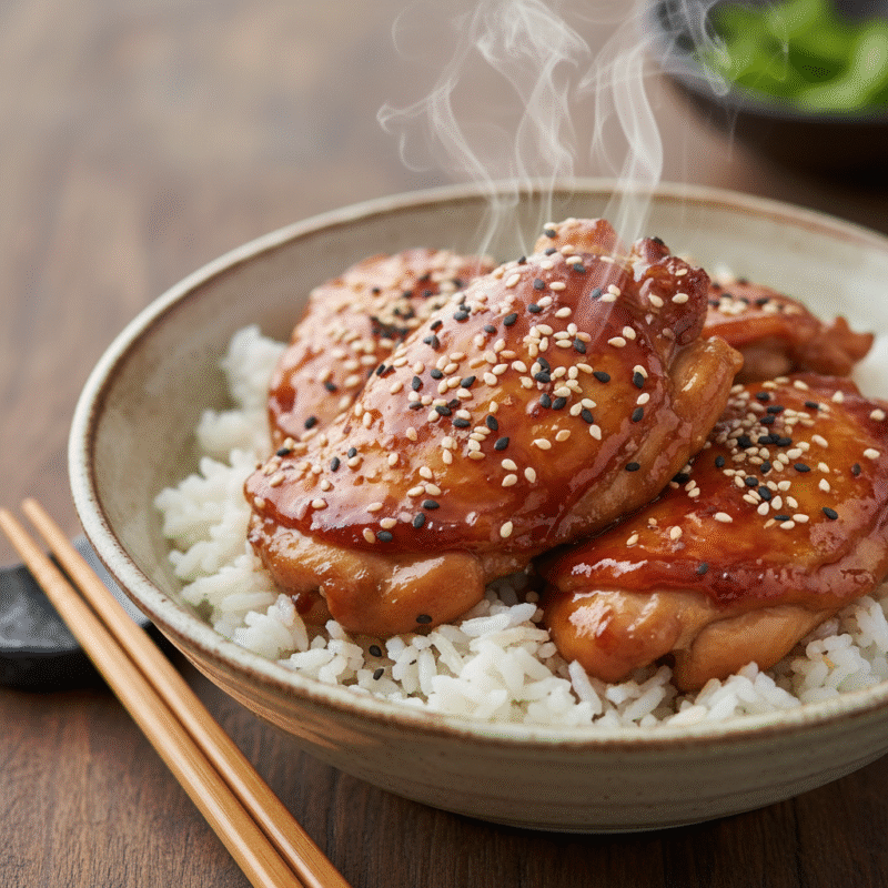 Glazed teriyaki chicken thighs with sesame seeds cooked in microwave served with rice.
