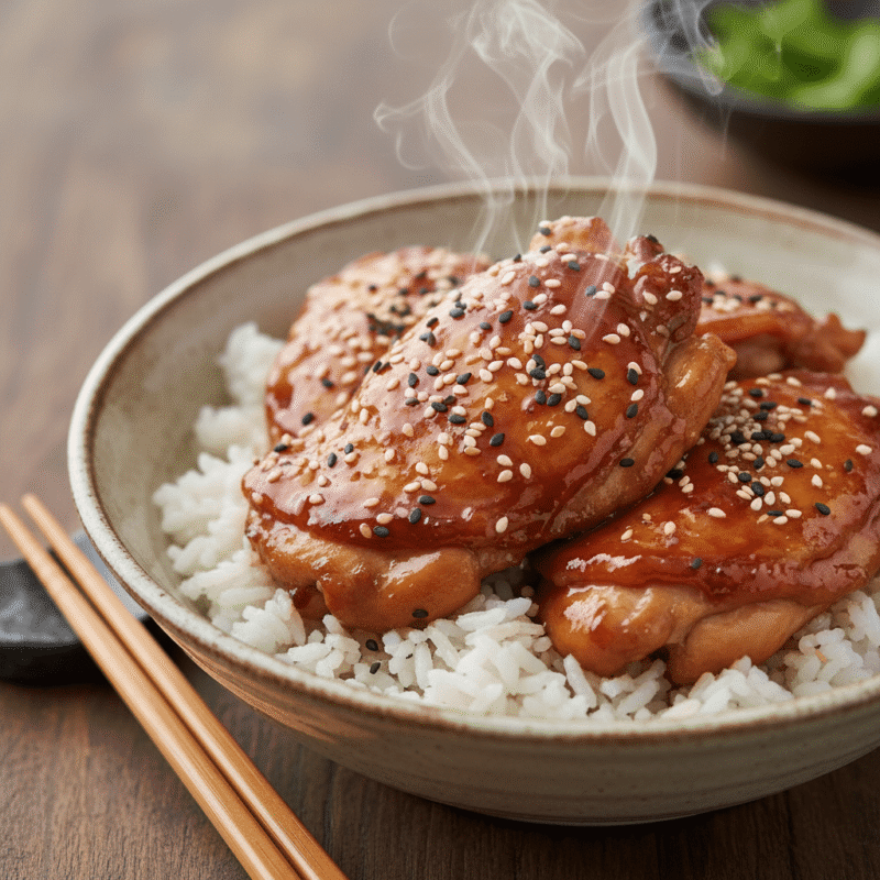 Glazed teriyaki chicken thighs with sesame seeds cooked in microwave served with rice.