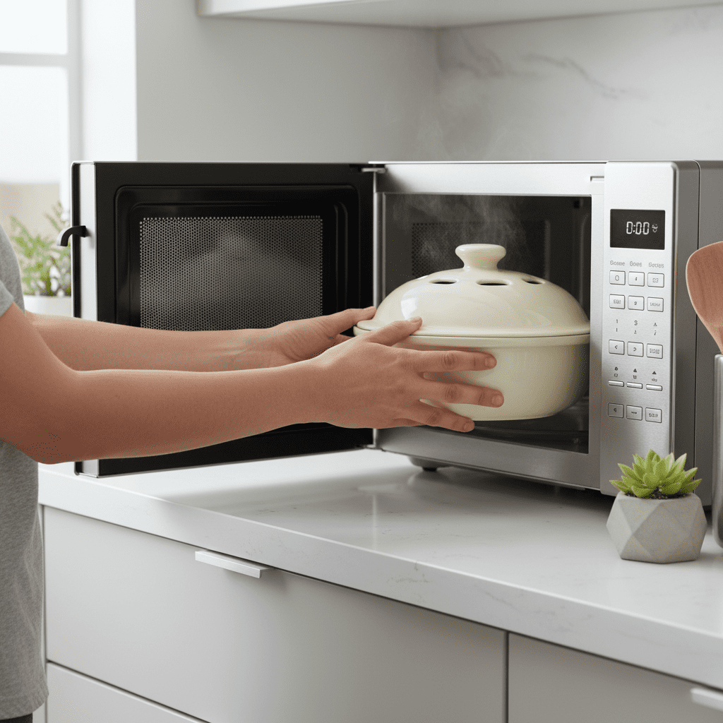 The correct way to heat food in a microwave, using a vented ceramic bowl.