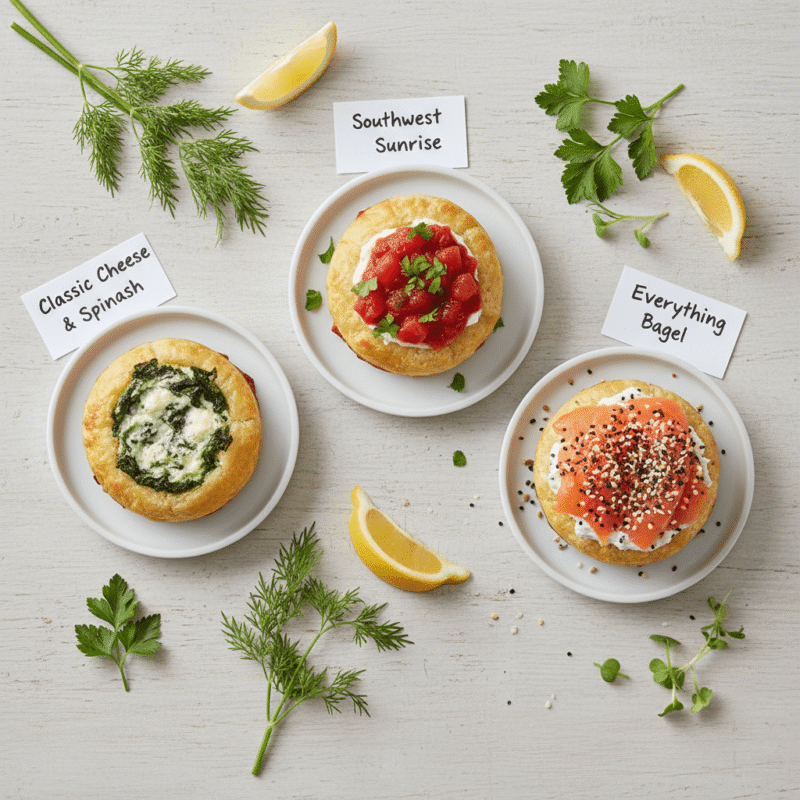 A variety of easy microwave egg bite recipes including classic cheese, southwest, and everything bagel flavors.