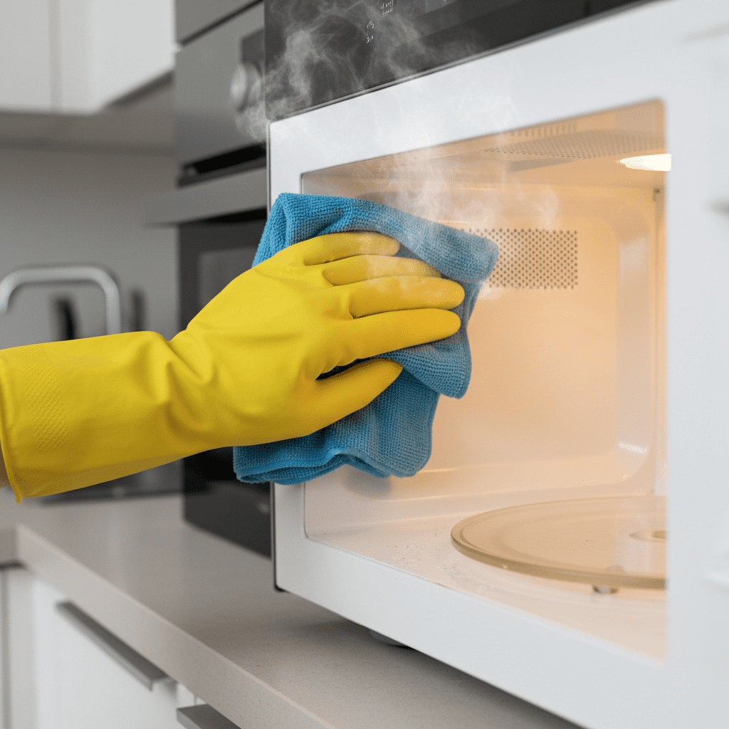 Easily wiping away loosened grime from a steamed microwave interior with a cloth.