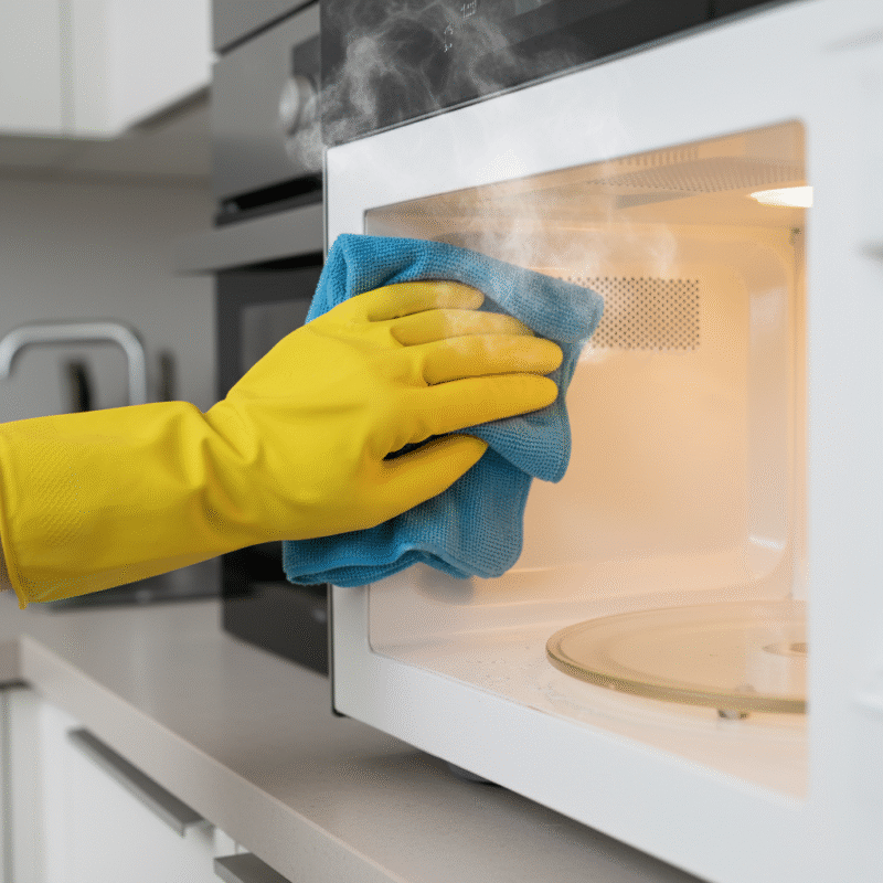 Easily wiping away loosened grime from a steamed microwave interior with a cloth.