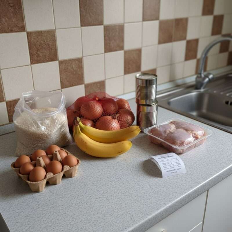 : A budget-friendly Ramadan grocery haul for students costing under 50 dollars including rice, eggs, and chicken.