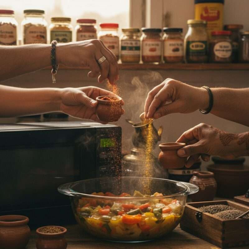 International students adding traditional spices to quick 15 minute microwave meals for taste of home.
