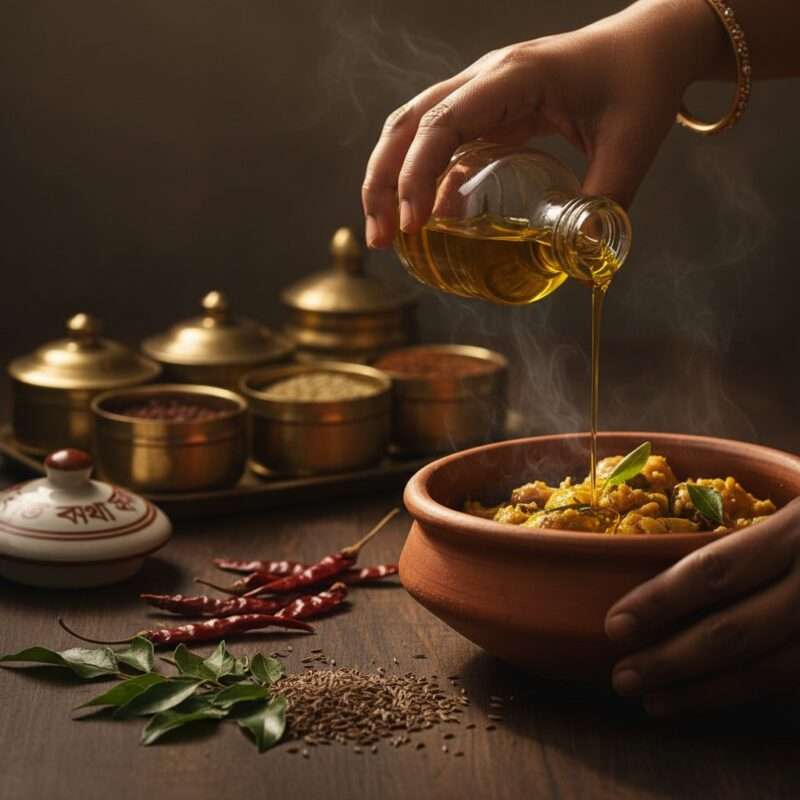 Bangladeshi student adding authentic mustard oil and spices to traditional microwave recipe, cultural cooking techniques.