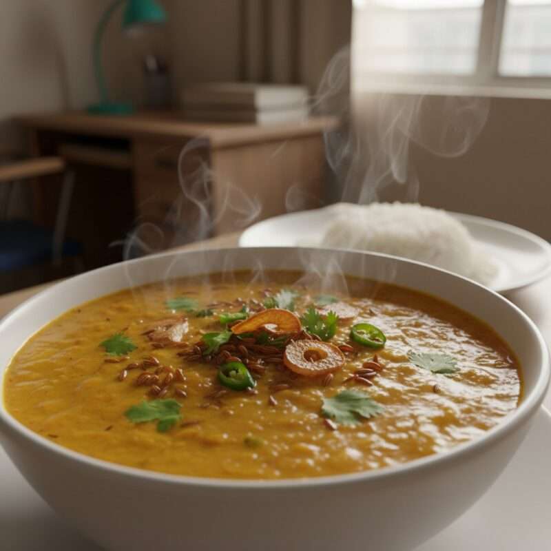 Healthy traditional Bangladeshi dal microwave recipe, musur dal lentil curry for students abroad, quick Bengali dal.