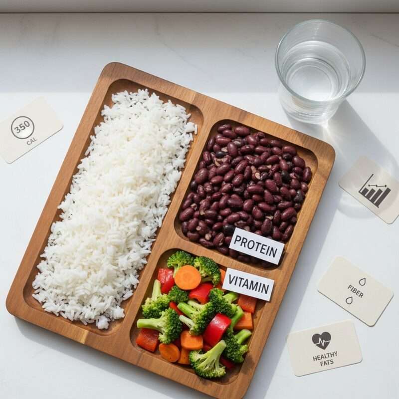 Balanced microwave meal components showing protein carbs and vegetables with nutrition info.