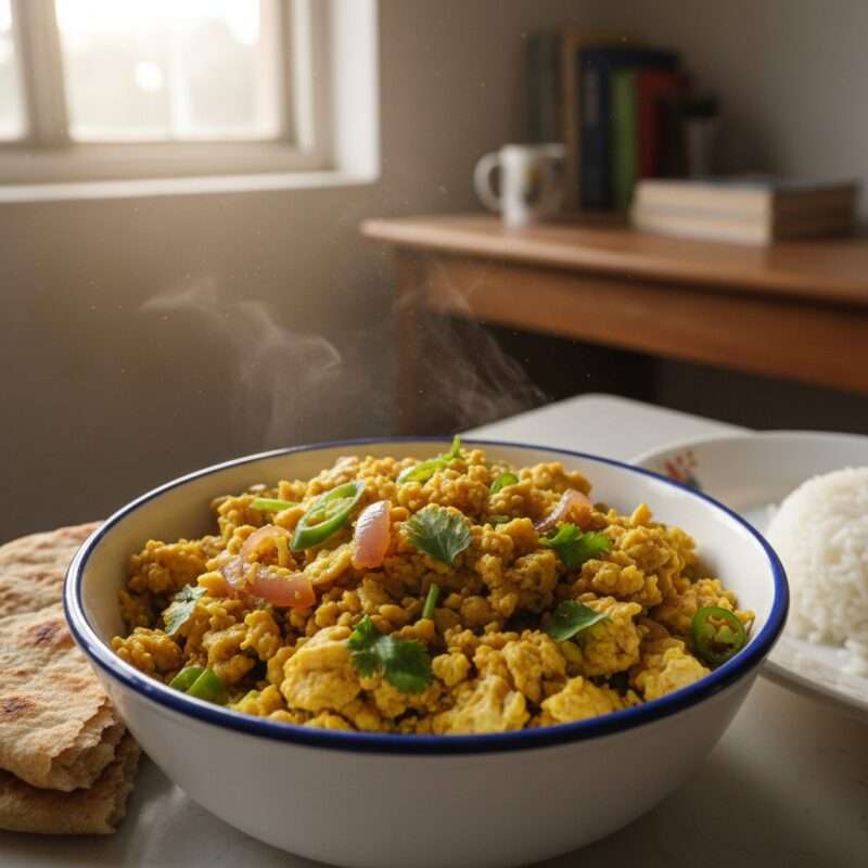 Traditional Bangladeshi egg bhurji microwave recipe, spiced scrambled eggs for students abroad, quick protein meal.