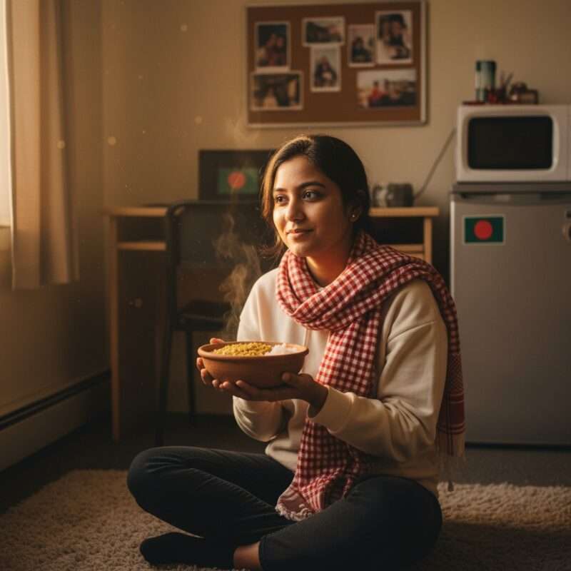Homesick Bangladeshi student enjoying healthy traditional dal microwave recipe in dorm, authentic Bangladeshi cooking abroad.