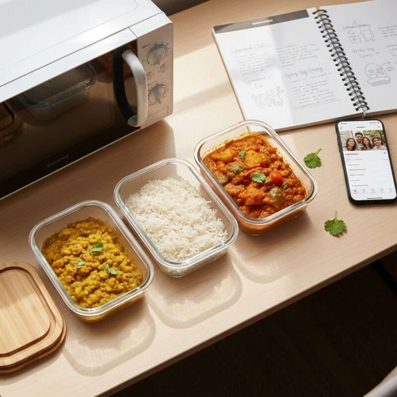 Traditional Bangladeshi microwave meal prep strategy for students abroad, organizing dal and rice portions for busy week.