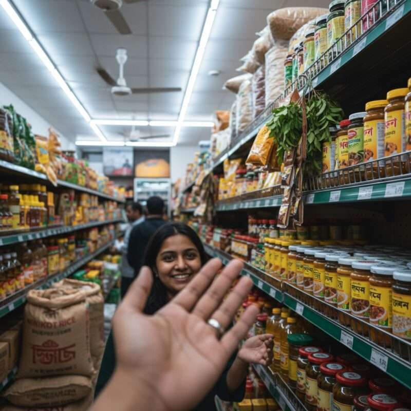 South Asian grocery store with traditional Bangladeshi cooking ingredients, finding authentic spices and rice for microwave recipes abroad.