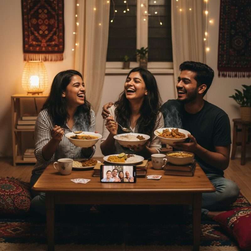 Community of Bangladeshi students and migrant workers abroad sharing traditional home-cooked microwave meals, cultural connection.