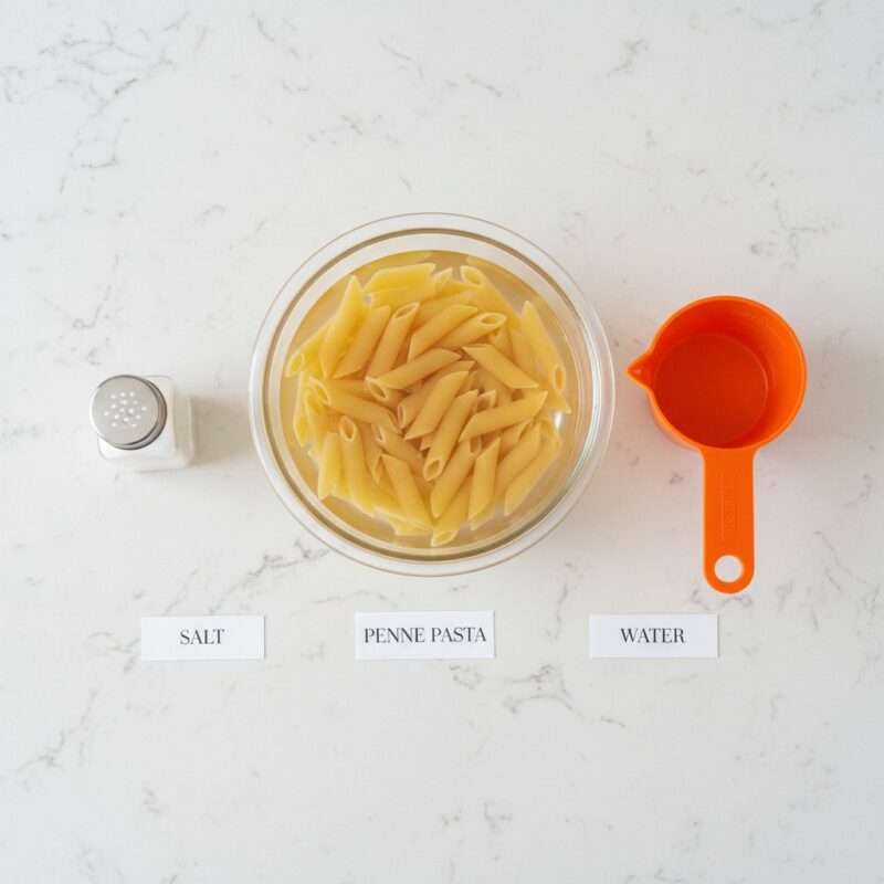 Microwave-safe bowl with dry pasta and water showing correct proportions for cooking pasta in microwave easy method for students