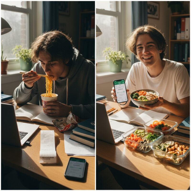 Before and after budget meal planning showing student saving money and eating better