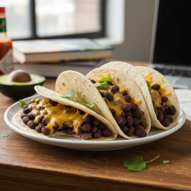 Cheap black bean tacos recipe for students costing 2.20 dollars for complete meal