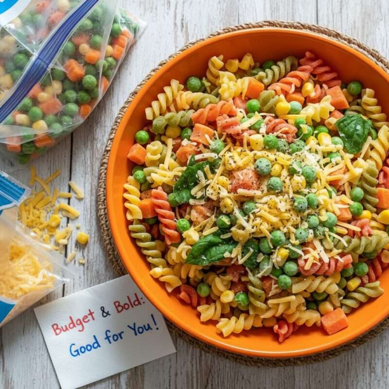 Budget-friendly cheese and vegetable microwave pasta showing healthy affordable meal for students on tight budget with frozen vegetables