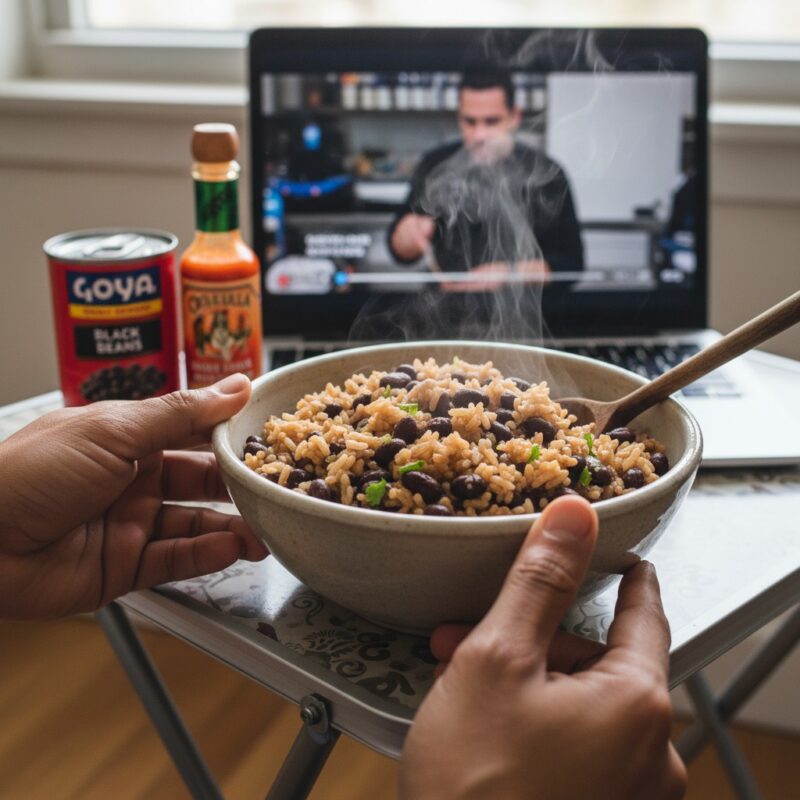 Affordable microwave rice and beans meal, budget cooking for students studying abroad and migrant workers.
