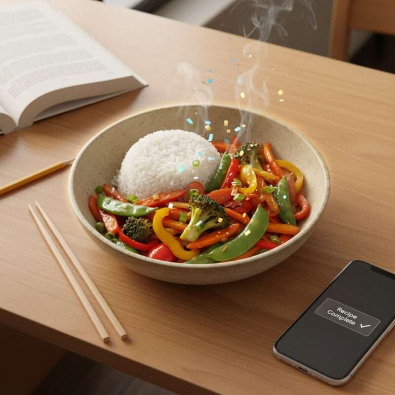Homemade vegetable stir-fry bowl prepared by international student using AI recipe card generator under three dollars.