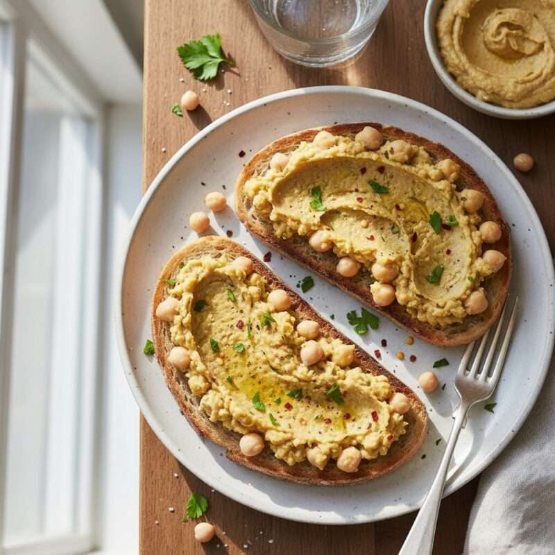 Mashed chickpea sandwich spread on toast, affordable high-protein meal for students under two dollars.