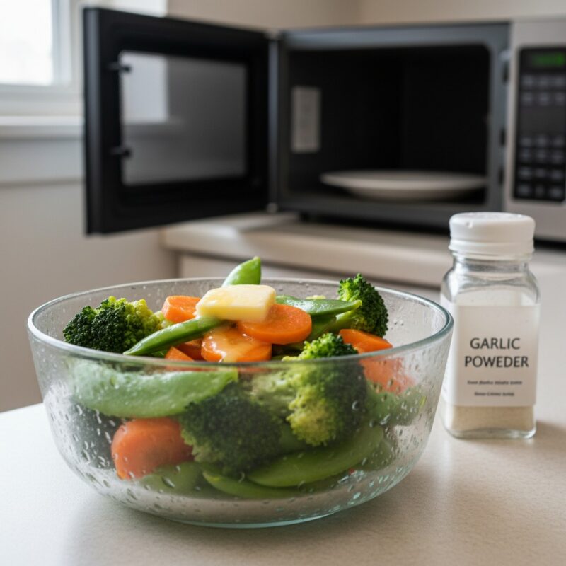 Quick healthy steamed vegetables cooked in microwave with simple seasonings for student nutrition and wellness.