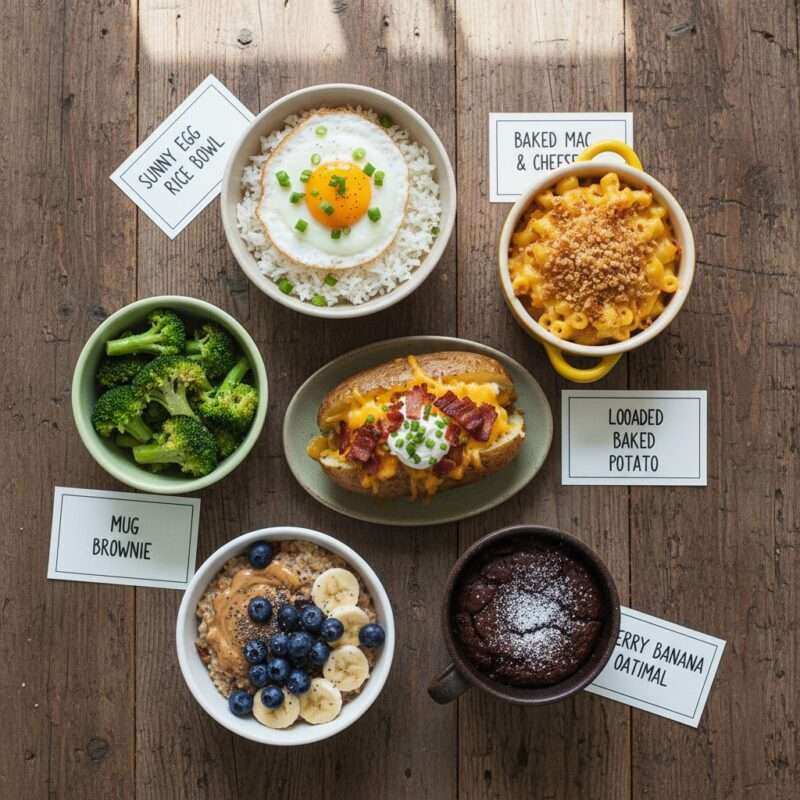 Six finished microwave meals made using interactive recipe converter including rice pasta vegetables and desserts.