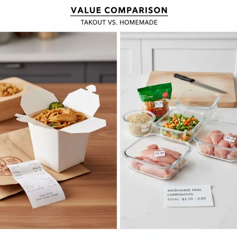 Price comparison showing savings with 15 minute microwave meals versus takeout for students abroad.