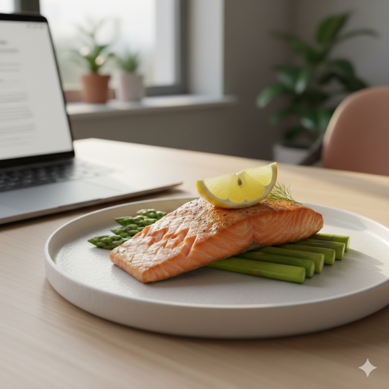 Grilled salmon fillet with lemon slice on asparagus spears, served on a white plate at a desk with laptop.
