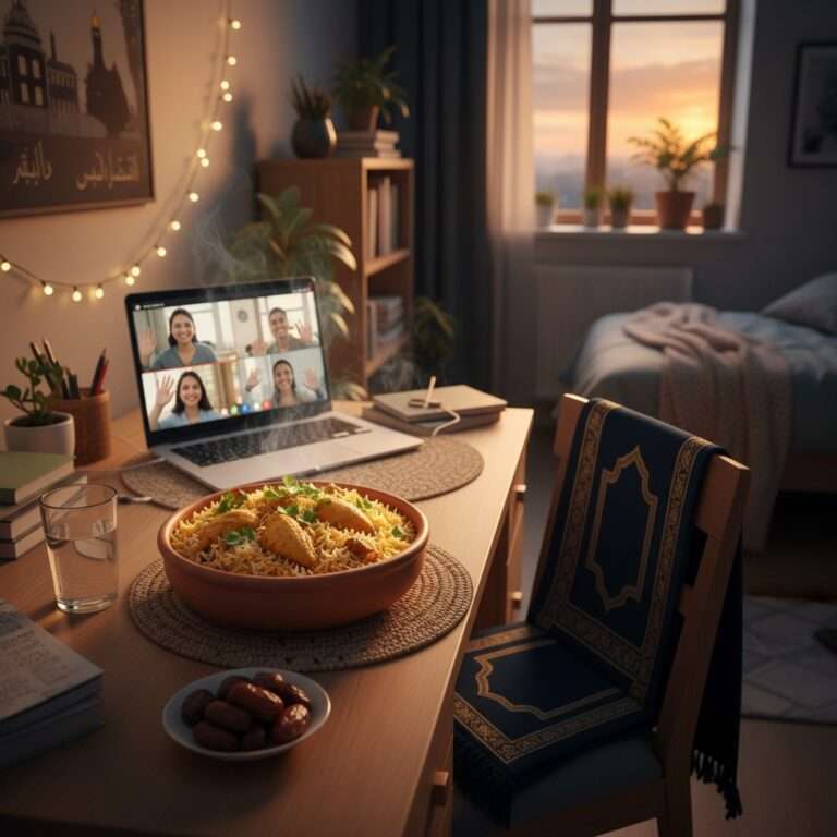 A cozy student dorm room set up for Iftar with dates, water, and biryani, featuring a video call with family to combat homesickness.
